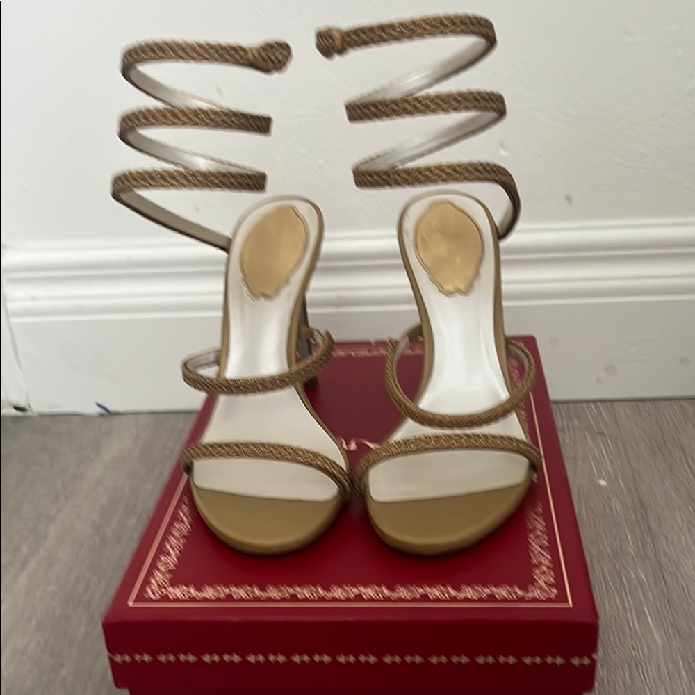 Rene Caovilla Gold Strappy Spiral Lace Sandals